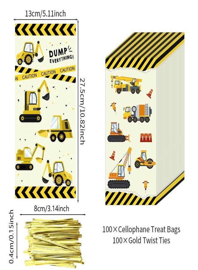أكياس سيلوفان للبناء، 100 قطعة، أكياس بلاستيكية لتوزيعات الهدايا بتصميم حفارة وجرافة وشاحنة بناء، أكياس سيلوفان للحلويات مع أربطة ذهبية ملتوية، لوازم حفلات الأطفال الأولاد - Image 2